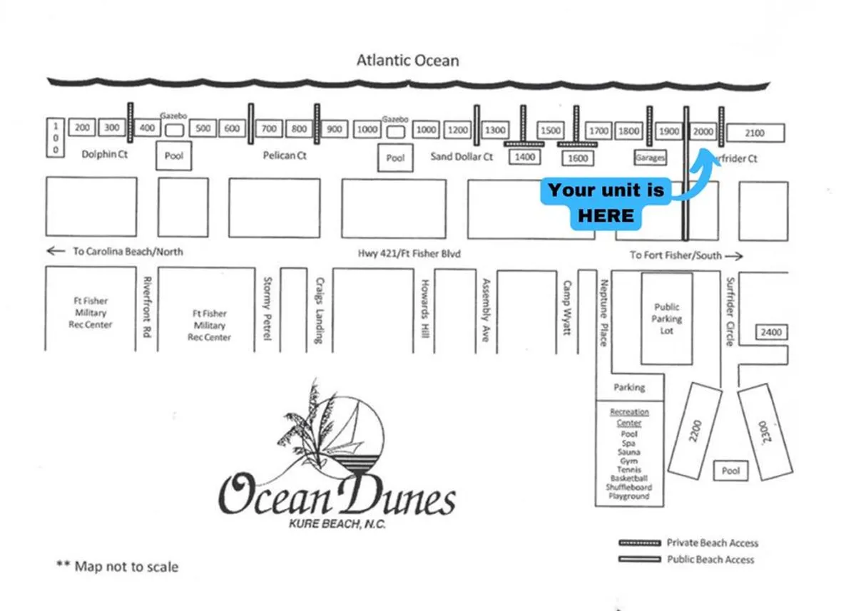 A sweeping exterior view of the Ocean Dunes resort layout, highlighting the proximity of unit locations to multiple pools, public beach access points, and recreational areas. Families are visible enjoying the beach, swimming, and gathering at the recreation center, with the ocean in the background and communal spaces in the foreground.