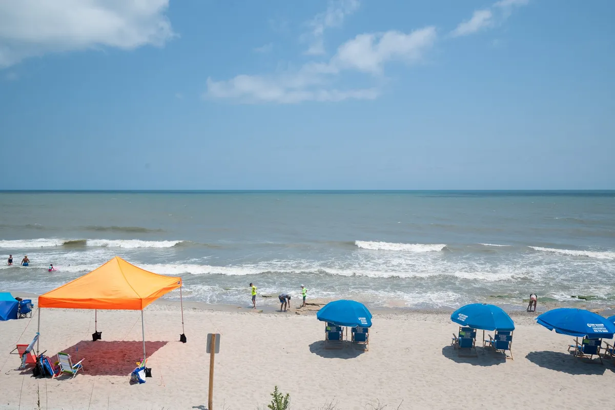 A lively beachfront scene featuring people swimming, sunbathing under blue umbrellas, relaxing beneath an orange beach tent, and playing in the sand, with gentle waves rolling in and the ocean stretching to the horizon.